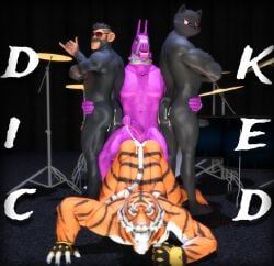 3d_(artwork) animal_genitalia animal_penis anthro ape ass ass_up aviator_glasses beard bodily_fluids camelid cum cum_in_ass cum_inside digital_media_(artwork) domestic_cat epic_games equine_genitalia equine_penis eyewear facial_hair felid feline felis fortnite genital_fluids genitals gesture glasses group hand_gesture haplorhine j.b._chimpanski llama lt._john_llama male male/male mammal meowscles_(shadow) muscular muscular_male nude oscar_(fortnite) pantherine penis primate sky_chaser source_filmmaker_(artwork) text tiger