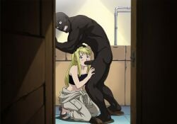 1boy 1girls abasta ai_generated blonde_hair blowjob blue_eyes breasts caught_in_the_act cheating dark dark-skinned_male dark_skin fellatio female fullmetal_alchemist head_grab interracial irrumatio kneeling light-skinned_female looking_at_viewer male mechanic netorare oral oral_sex penis ponytail pov sidelocks smug winry_rockbell