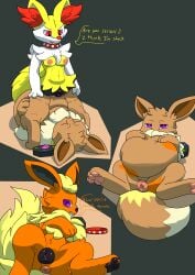 absurd_res anal anal_vore anthro anus braixen breasts collar digestion duo eevee eeveelution female female/female feral flareon generation_1_pokemon generation_6_pokemon genitals hi_res jewelry lewdkitten069 necklace nintendo paws pokemon pokemon_(species) purple_eyes same_size_vore speech_bubble spiked_collar spikes transformation vore vulva