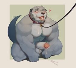 5_fingers anthro balls barazoku beard biceps big_muscles big_pecs big_penis biped black_nose blush bodily_fluids bulge collar countershade_face countershade_fur countershade_torso countershading cum cum_in_mouth cum_inside cum_on_balls cum_on_chest cum_on_collar cum_on_face cum_on_ground cum_on_tongue deltoids detailed_background detailed_bulge digital_media_(artwork) drooling ejaculation erection eyebrows eyewear facial_hair fingers foreskin fur genital_fluids genital_outline genitals glans glasses grey_beard grey_body grey_eyebrows grey_facial_hair grey_fur heart_symbol hi_res humanoid_genitalia humanoid_hands humanoid_penis kneeling leash leashed_collar looking_up male male_anthro male_only mammal muscular muscular_anthro muscular_male muscular_sub mustelid navel nipples nude nude_anthro nude_male open_mouth open_smile otter pecs penis penis_outline pink_glans pink_nipples pink_tongue pubes quads red_collar retracted_foreskin saliva shaded siggy_(storiaxion) simple_background smile solo submissive submissive_anthro submissive_male tail tail_motion tailwag theor three-quarter_view tongue tongue_out trapezius triceps uncircumcised wearing_glasses yellow_eyes