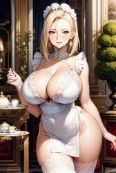 1girls 2023 ai_generated ai_hands apron blue_eyes cleavage clothed_female curvaceous curvy_body curvy_figure female_focus female_only huge_breasts looking_at_viewer maid maid_collar maid_headdress mansion mature_female milf mouth_open serving_tray solo_female stable_diffusion thighhighs voluptuous_female