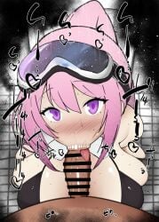 1boy 1girls bare_shoulders big_breasts big_penis bikini bikini_top blowjob blue_archive blush breasts censored dark-skinned_male dark_skin detailed_background drooling eimi_(blue_archive) erect_nipples eyelashes fellatio female heart human indoor inside kurotama long_hair looking_at_viewer male male_pov oral oral_sex penis pink_hair purple_eyes room saliva shiny shiny_skin sketch sound_effects squatting sweat text tongue_out vein veins veiny veiny_penis visor