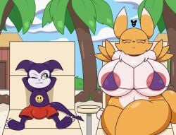 2025 absurd_res anthro areola areola_slip bandai_namco beach belly belly_markings big_breasts big_penis bikini biped black_nose breasts bulge canid canine claws clothing cloud day digimon digimon_(species) duo eyebrows eyelashes female fox fur genitals green_eyes hands_behind_head hi_res imp impmon looking_at_another luanctoons male mammal markings mouth_closed neck_tuft one_eye_closed outside palm_tree penis plant pupils purple_bikini_top purple_body purple_tail red_clothing red_swimming_trunks red_swimwear renamon sand shadow sharp_teeth sitting sky swimming_trunks swimwear tail teeth toe_claws tree tuft two-piece_swimsuit white_body white_fur white_sclera yellow_body yellow_fur