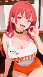 ai_generated boosterred99 collar fellatio_gesture female from_below hooters hooters_(parody) hooters_uniform illustrious_(stable_diffusion) kiriru large_breasts long_hair open_mouth orange_shorts pony_diffusion_xl purple_eyes purple_hair red_hair restaurant seductive_smile shorts shounen_ga_otona_ni_natta_natsu stable_diffusion t-shirt thighs tongue white_t-shirt