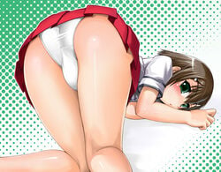 1boy all_fours arched_back ass ass_up baka_to_test_to_shoukanjuu blush brown_hair bulge crossdressing femboy girly green_eyes hair_ornament hairclip highres kinoshita_hideyoshi looking_back male_only panties pantyshot school_uniform skirt solo tagme takeoutservice top-down_bottom-up trap underwear white_panties