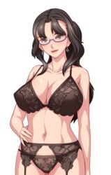 black_bra black_hair black_lingerie bra breasts brown_eyes brown_panties cleavage earrings female g-string game_cg garter_belt glasses hand_on_hip large_breasts lingerie long_hair megane miboujin_nikki milf misaki_fumika naughty_face navel orcsoft panties pubic_hair see-through stockings tongue transparent_background underwear