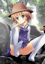 1girls anus blonde_hair blue_eyes blush boulder dress feet female hair_ribbon hat highres looking_at_viewer nature no_panties purple_dress pussy pyonta rasahan ribbon sign sitting small_breasts smile solo stone suwako_moriya thighhighs touhou tree uncensored upskirt white_legwear