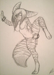 against_wall anthro breasts canine female fingering fox fur furry looking_at_viewer masturbation monochrome nude one_closed_eye onnanoko pussy raised_leg sketch solo standing stripes