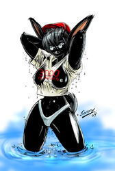 anthro black_nose blue_eyes breasts eyewear female fur furry glasses lagomorph looking_at_viewer maxine_blackbunny nipples nude rabbit solo water wet wet_shirt