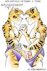 2000 blue_eyes brother brothers brown_hair dialogue furry gasp gay hair hand_holding incest male masturbation muscles nightcat nipples no_humans penis siblings smile stripes thong tiger twincest twins