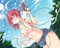 :q blush breasts clothes female glass hair holding human lactation milk milking_machine navel nipples pink_eyes pokemon red_hair short_shorts shorts sky snowcanvas solo tied_hair tongue topless twintails water_gun whitney_(pokemon)