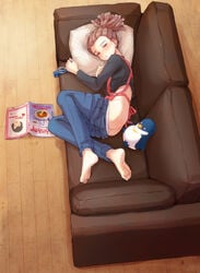 ass barefoot bird blush brown_hair couch cum cum_on_ass cum_on_body cum_on_lower_body gay glasses glasses_removed goggles hairlocs highres inazuma_eleven jeans judy_(artist) kidou_yuuto long_hair pants_down penguin pillow plush red_eyes solo solo_male