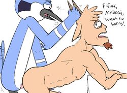 abs anthro ass avian blue_jay dialogue duo furry gay goat goatee horn male mordecai penis plain_background pubes pubic_hair regular_show thomas_(regular_show) white_background yaoi