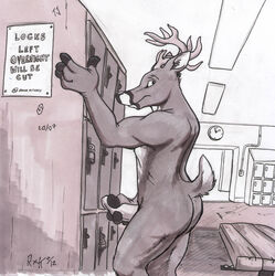 antlers cervine clock deer english erection horn locker_room male male_only masturbation no_humans penis solo text