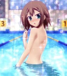 1boy baka_to_test_to_shoukanjuu blush embarrassed_nude_femboy femboy girly hair_ornament highres kinoshita_hideyoshi looking_back male male_only open_mouth pool solo tagme topless trap water