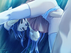 blue_eyes blue_hair blush cg cosplay_alien female from_behind game_cg long_hair panties sex shiori_hoshi vaginal_penetration