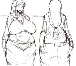 ass breasts childwife cleavage erect_nipples fat female huge_ass huge_breasts long_hair long_skirt milf mirror mole monochrome plump sketch skirt solo sweater wide_hips