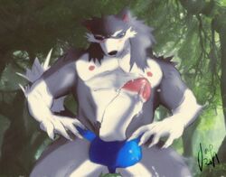 2012 abs anthro biceps big_penis blue_eyes breasts canine claws cum erection fluffy_tail fur furry gay humbug humbuged humplex joh29 male male_only muscles nipples nude pecs penis pose scar sex solo thong underwear wolf zulf