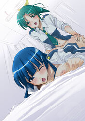 aoki_reika ass ass_grab bed blue_eyes blue_hair blush bow clothed_sex clothing cum curtains doggy_style female from_behind futa_on_female futanari green_eyes green_hair infirmary intersex midorikawa_nao multiple_girls navel nipples no_panties open_mouth ponytail precure pretty_cure pussy_juice school_uniform sex skirt sleeves_rolled_up smile_precure sweat takano_saku tied_hair top-down_bottom-up wink