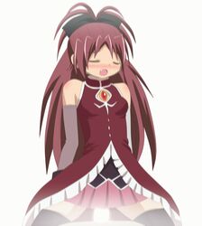 animated black_legwear blush censored closed_eyes clothed_sex cowgirl_position cute_fang hair_ribbon hangaku long_hair magical_girl mahou_shoujo_madoka_magica ponytail red_hair ribbon sakura_kyouko sex simple_background thighhighs tied_hair under_skirt white_background