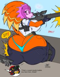 anthro ass ass_cleavage ass_slap ass_smack big_butt bubble bubble_butt bubble_gum butt_crack candy clothed clothing dat_ass dessert duo echidna eulipotyphlan female food gum gun hedgehog hi_res huge_butt male mammal monotreme pants_down partially_clothed ranged_weapon rifle shade_the_echidna shadow_the_hedgehog slap smile sniper_rifle sonic_(series) sonic_chronicles:_the_dark_brotherhood sonic_the_hedgehog_(series) straight thong underwear video_games weapon whale_tail zhengfox