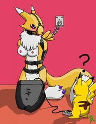 ball_gag bondage breasts canine chain collar color crossover digimon female fox fur furry gag interspecies male nintendo nipples pikachu pokemon radasus renamon straight