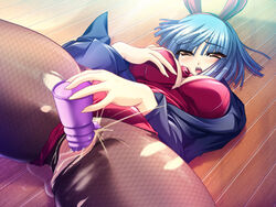 animal_ear blue_hair blush bunny_ear cg cosplay_alien dildo female game_cg pussy short_hair vanilla yellow_eyes