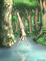 breasts closed_eyes female lake nipples nude outside reflection solo tree wood