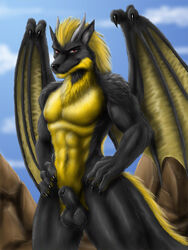 abs balls biceps black_fur claws dragon dranzer fur horn hybrid looking_at_viewer male male_only max-dragon muscle muscles muscular muscular_male nipples nude pecs red_eyes sheath solo wings wold yellow_fur