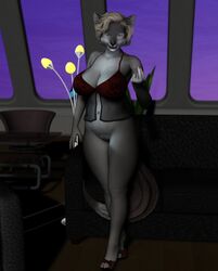 3d anthro big_breasts big_thighs black_nose blonde_hair blue_eyes bottomless breasts canine claws cleavage detailed_background fangs female grey_fur hair half-dressed heels high_heels inviting lingerie looking_at_viewer lykina_(character) milf mother navel pinup plantigrade pussy seductive short_hair sofa solo standing thick_thighs thighs toes vic34677 voluptuous wide_hips wolf