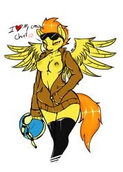 1girls areola avante92 blush breasts cleavage clothing equine eyeswear feathers female flight_jacket friendship_is_magic hair helmet horse hourglass_figure my_little_pony nipples orange_eyes orange_hair pegasus pegasus_wings solo spitfire_(mlp) stockings sunglasses undressing wide_hips wings