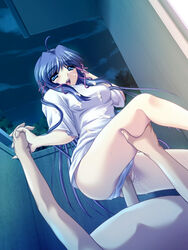 blue_eyes blue_hair blush cg cosplay_alien female game_cg hand_holding long_hair panties penis sex shiori_hoshi vaginal_penetration