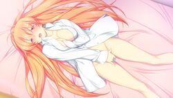 bed blush boku_no_me_no_mae_de_xx_sareru_kanojo breast_grab fingering game_cg long_hair masturbation no_bra nopan open_clothes open_shirt orange_hair ribahara_aki shirt