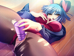 animal_ear blue_hair blush bunny_ear cg cosplay_alien dildo female game_cg pussy short_hair vanilla yellow_eyes