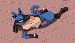 anthro beige_fur black_skin blue_fur canine english_text erection fur furry jackal knot lucario lying nintendo number on_floor penis pink_penis pokemon pokemon_(species) pose red_eyes shadow shiny skin spikes squint tediousramen text