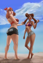 2girls ass bandana barefoot beach bikini_top blue_eyes brown_hair dark-skinned_female dark_skin erect_nipples feet female human human_only kadavre long_hair may_(pokemon) navel nintendo poke_ball pokemon pokemon_rse pokemon_xy shauna_(pokemon) shorts standing tan tanned tied_hair twintails