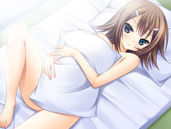 1boy baka_to_test_to_shoukanjuu barefoot bed blush brown_hair covering_chest femboy frown girly green_eyes hair_ornament hairclip hug karukanko kinoshita_hideyoshi looking_at_viewer lying male male_only nude on_back pillow pillow_hair pillow_hug short_hair smile solo tagme trap