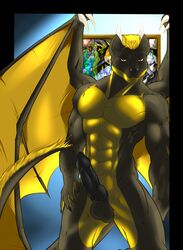 abs balls beefy biceps black_fur claws dragon dranzer erection fur horn hybrid looking_at_viewer male male_only muscle muscles muscular muscular_male nude pecs penis red_eyes sheath solo wings yellow_fur