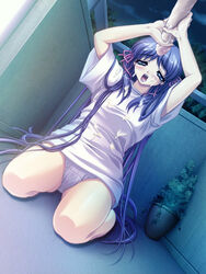 blue_eyes blue_hair blush cg cosplay_alien female game_cg long_hair panties penis shiori_hoshi