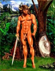 1990s 1995 1boy 20th_century abs anthro artist_name axe balls ballsack biceps bovine brown_hair flaccid_penis forest greek_mythology holding_weapon hooves horns horns_and_hooves humanoid_penis joelglaine long_hair_male male male_nipples male_only minotaur monster_boy muscles muscular_male nature nude_male outside pecs penis scrotum shield sword tail tail_tuft testicles torkan tree veiny_penis