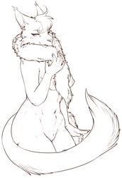 anthro blush canine chest_tuft ear_piercing female ferret fur furry looking_at_viewer mitsukijuran mustelid nipples piercing pussy seductive sketch solo wide_hips