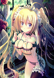 asymmetrical_clothes bare_shoulders blonde_hair blue_eyes blush breasts chains choker clothes cuffs flower hair lingerie long_hair manacles nipple_slip nipples original rose single_thighhigh tears thighhighs tied_hair twintails underwear very_long_hair vines window yamadori_yoshitomo