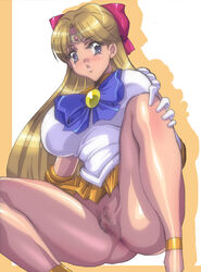 ass bishoujo_senshi_sailor_moon blonde_hair blue_eyes bow breasts censored choker clothing female female_only huge_breasts human ichijiku large_breasts long_hair minako_aino no_panties pubic_hair pussy sailor_venus skirt solo upskirt