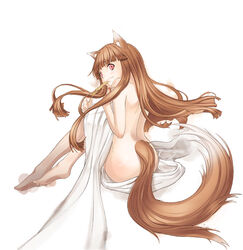 1girls ass barefoot bed_sheet blush brown_hair feet holo long_hair looking_back mouth_hold naked_sheet nude red_eyes sheets shou_harukayou_koshi sitting smile solo spice_and_wolf tail wheat wolf_ears wolf_tail