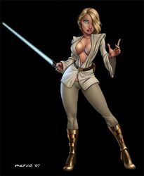 1girls 2007 art black_background blonde_hair cameltoe cleavage dominic_marco female female_only hair_over_one_eye lightsaber looking_at_viewer sifi solo solo_female standing star_wars tagme