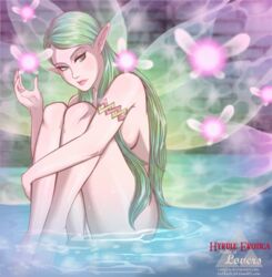 armlet barefoot eyelashes fairy fairy_wings feet female great_fairy great_fairy_(twilight_princess) green_eyes highres long_hair looking_away looking_right nail_polish nude pointy_ears pussy r3dfive sitting solo the_legend_of_zelda twilight_princess water wings