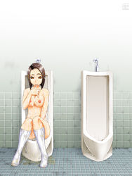 bathroom bob_cut breasts brown_hair bukkake covered_in_cum covered_in_urine cum cum_all_over cum_on_body cum_on_breasts cum_on_hair cum_on_upper_body facial female female_focus female_only footwear kiai_neko looking_at_viewer orange_eyes peeing peeing_on_another public_restroom sitting sitting_in_urine socks solo solo_female solo_focus stockings stockings_only thighhighs thighhighs_only tile_floor tile_wall tiles tongue tongue_out urinal urine_in_hair urine_on_body urine_on_face urine_on_floor