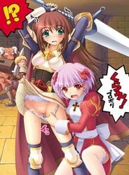 armor assisted_exposure blush brown_hair censored fantasy female green_eyes hairbow high_priest_(ragnarok_online) humor kazuma_muramasa lord_knight_(ragnarok_online) panty_pull purple_hair ragnarok_online red_eyes skirt_lift sword translation_request weapon