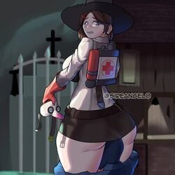 1boy 1girls ass blue_eyes brown_hair face_in_ass female femmedic german_text high_heels knife male mask medic medic_(team_fortress_2) no_panties no_panties_under_skirt rule_63 sireangelo skirt spy spy_(team_fortress_2) straight team_fortress_2 text thighs witch_hat