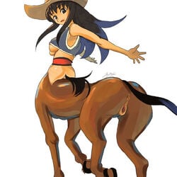 animal_genitalia_on_humanoid anus ass belt black_hair blue_hair breasts centaur centauress clothing cowboy_hat female hooves horse_pussy_on_humanoid jajala long_hair looking_back lowres monster_girl outstretched_arms pussy simple_background solo tail taur two_tone_hair uncensored underboob vagina vest